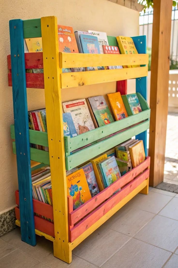 Colorful Outdoor Wooden Bookshelf for Children's Books
