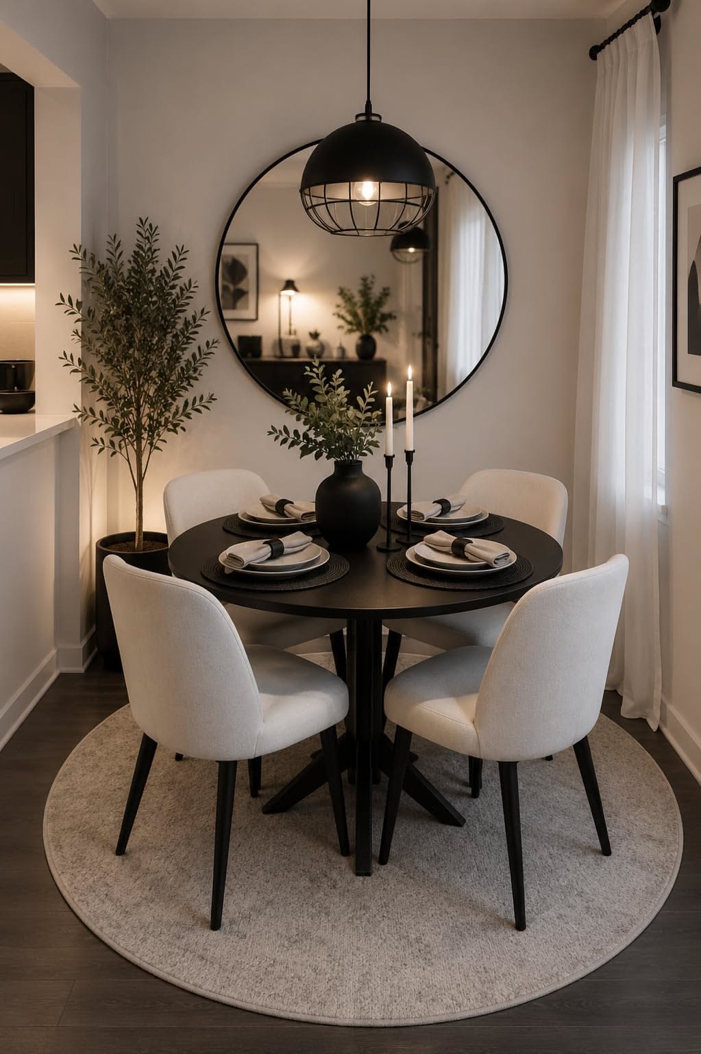 Modern Round Dining Nook with Black Accents and Soft Neutrals