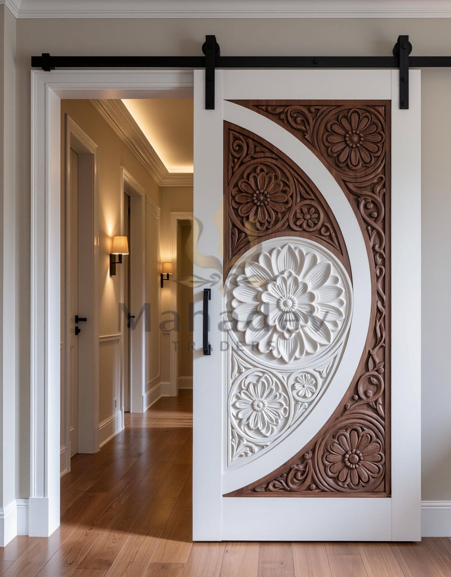 Intricately Carved Sliding Barn Door in a Modern Hallway Setting