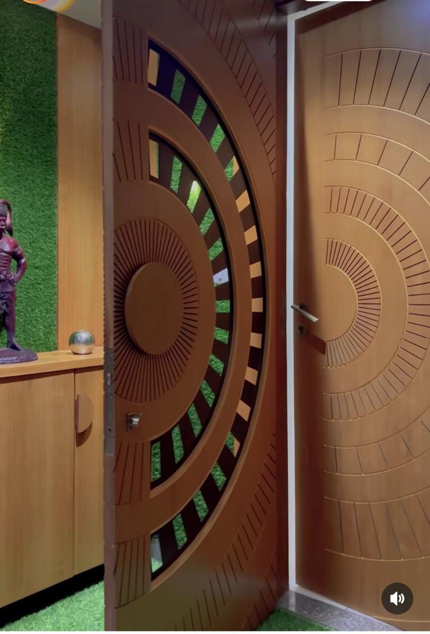 Contemporary Wooden Entry Door with Geometric Carvings