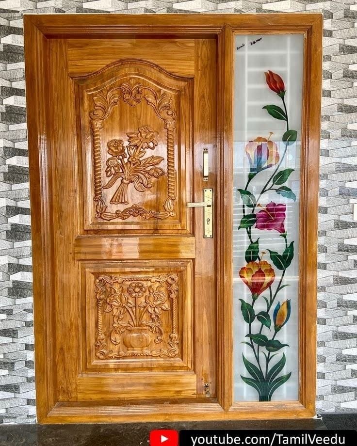 Ornate Wooden Entry Door with Floral Glass Panel