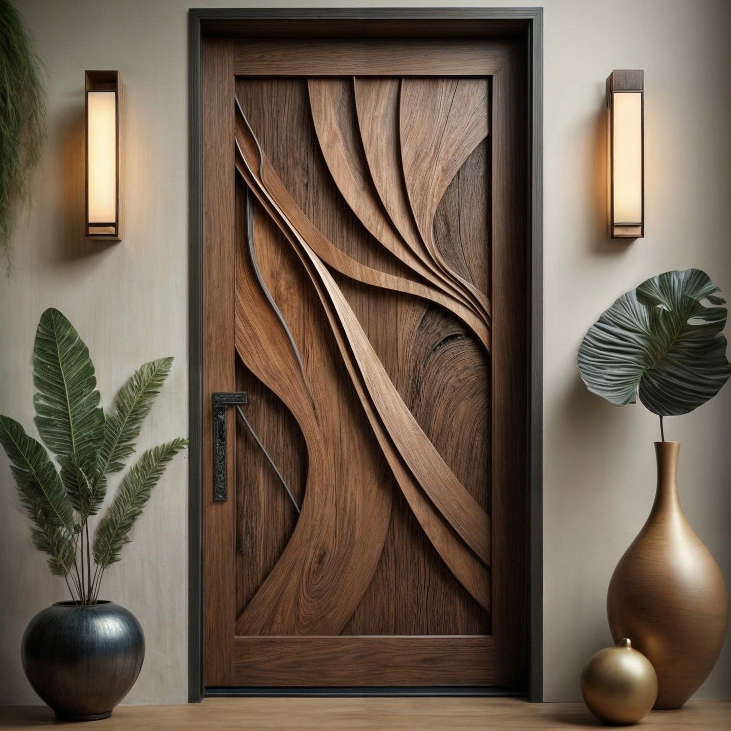 Modern Artistic Wood Entry Door with Sculptural Design