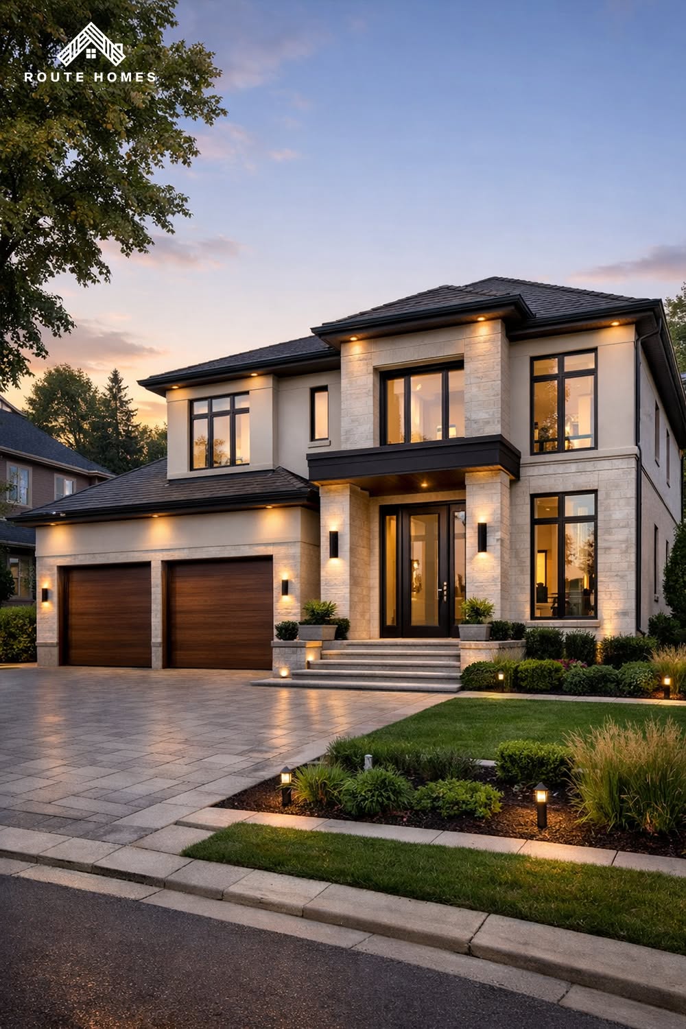 Contemporary Two-Story House Exterior with Stone Accents and Modern Lighting