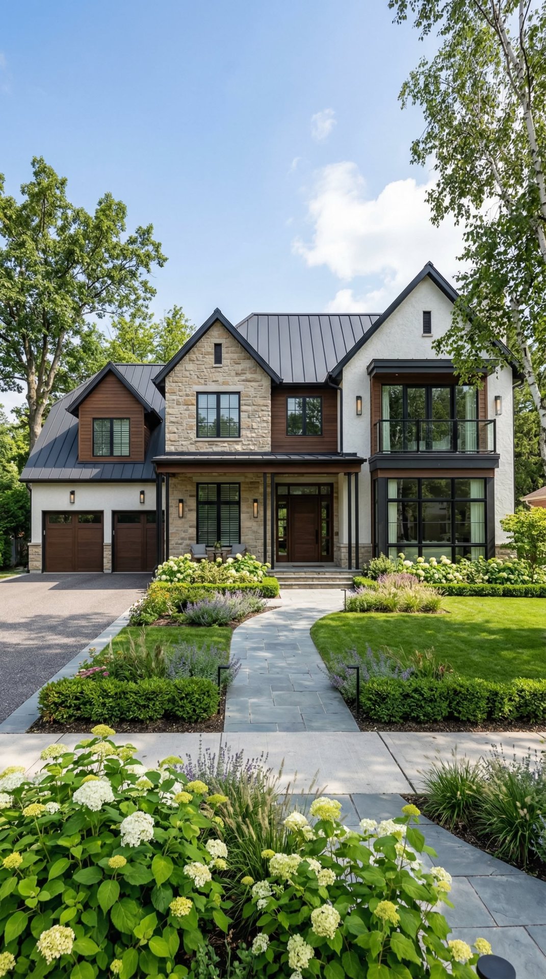 Modern Farmhouse Exterior with Stone Accents and Lush Landscaping
