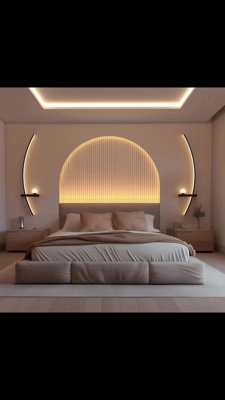 Modern Bedroom with Backlit Arch Accent Wall and Minimalist Decor