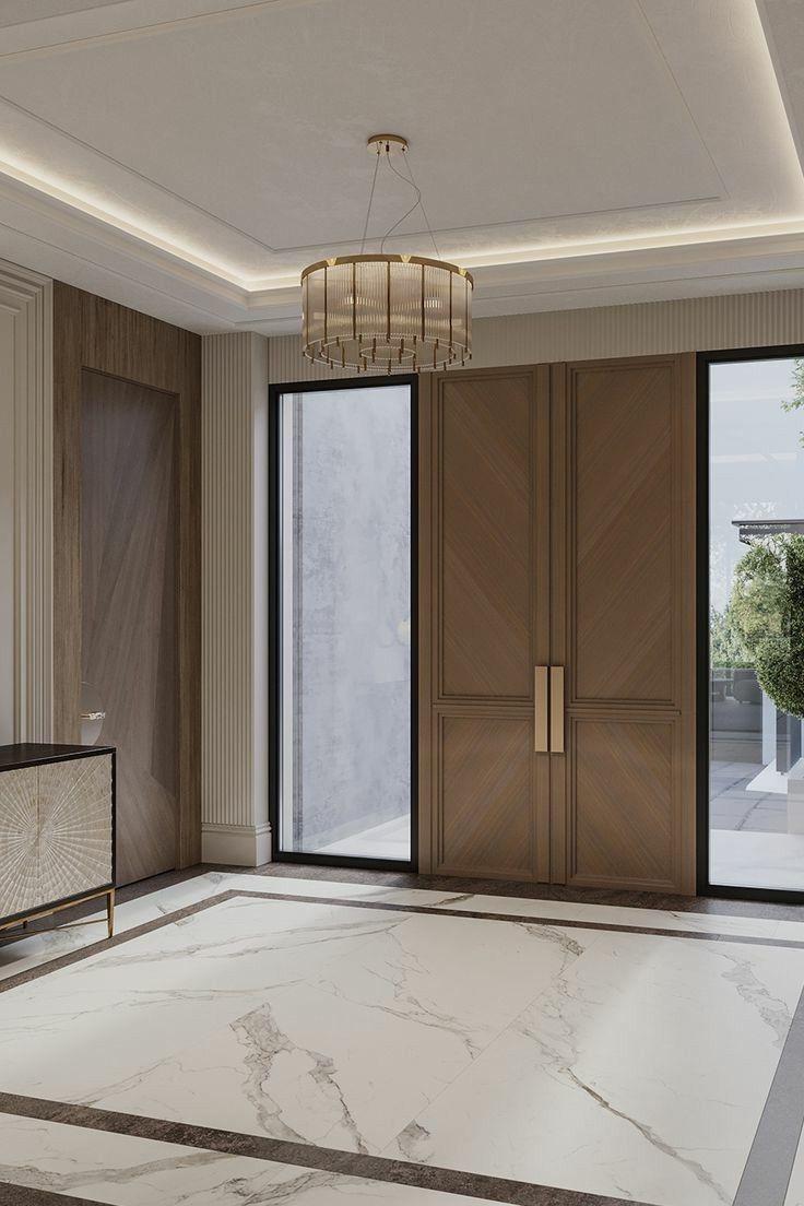 Modern Entryway With Wood Double Doors and Marble Tile Flooring
