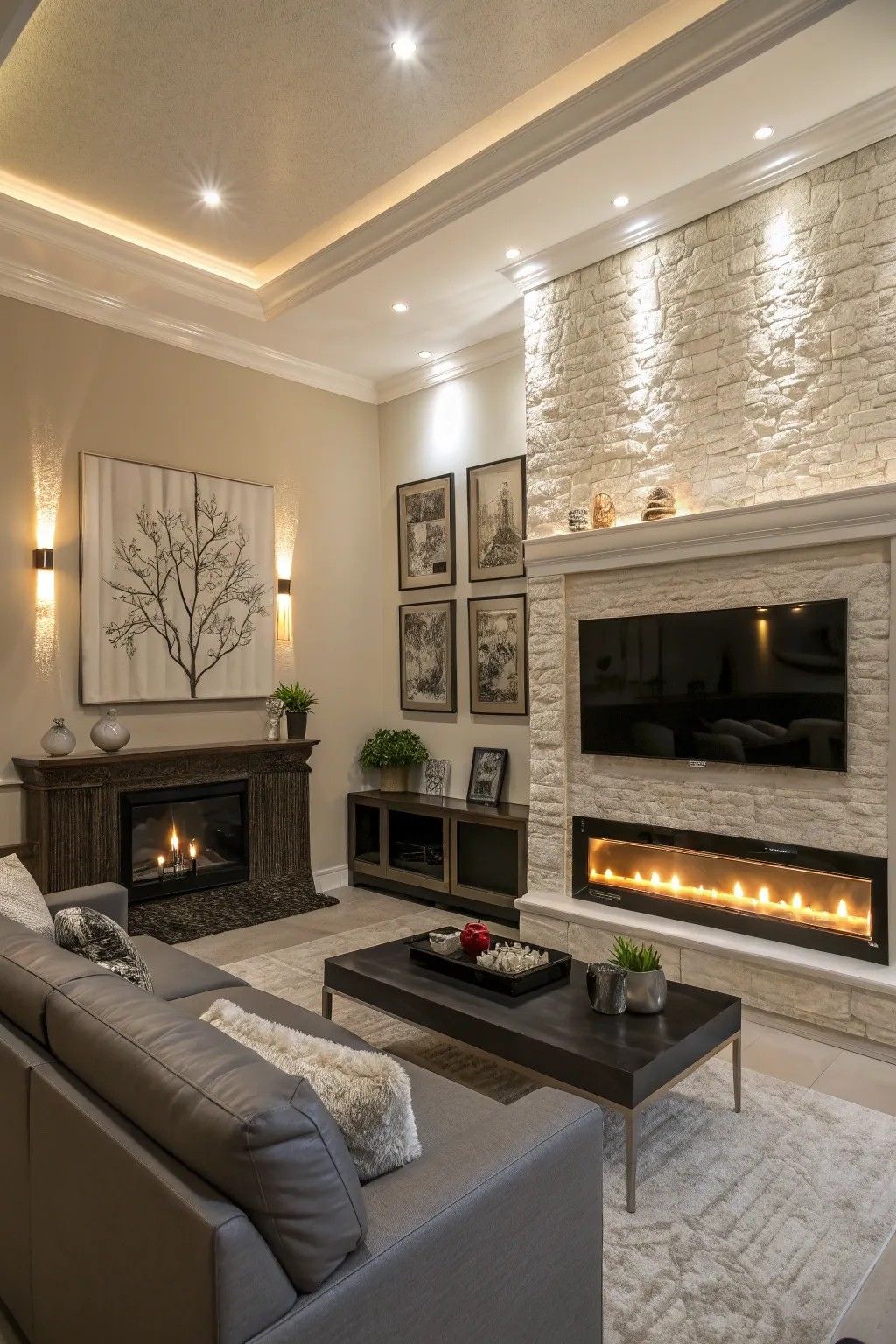 Contemporary Living Room with Dual Fireplaces and Textured Stone Wall