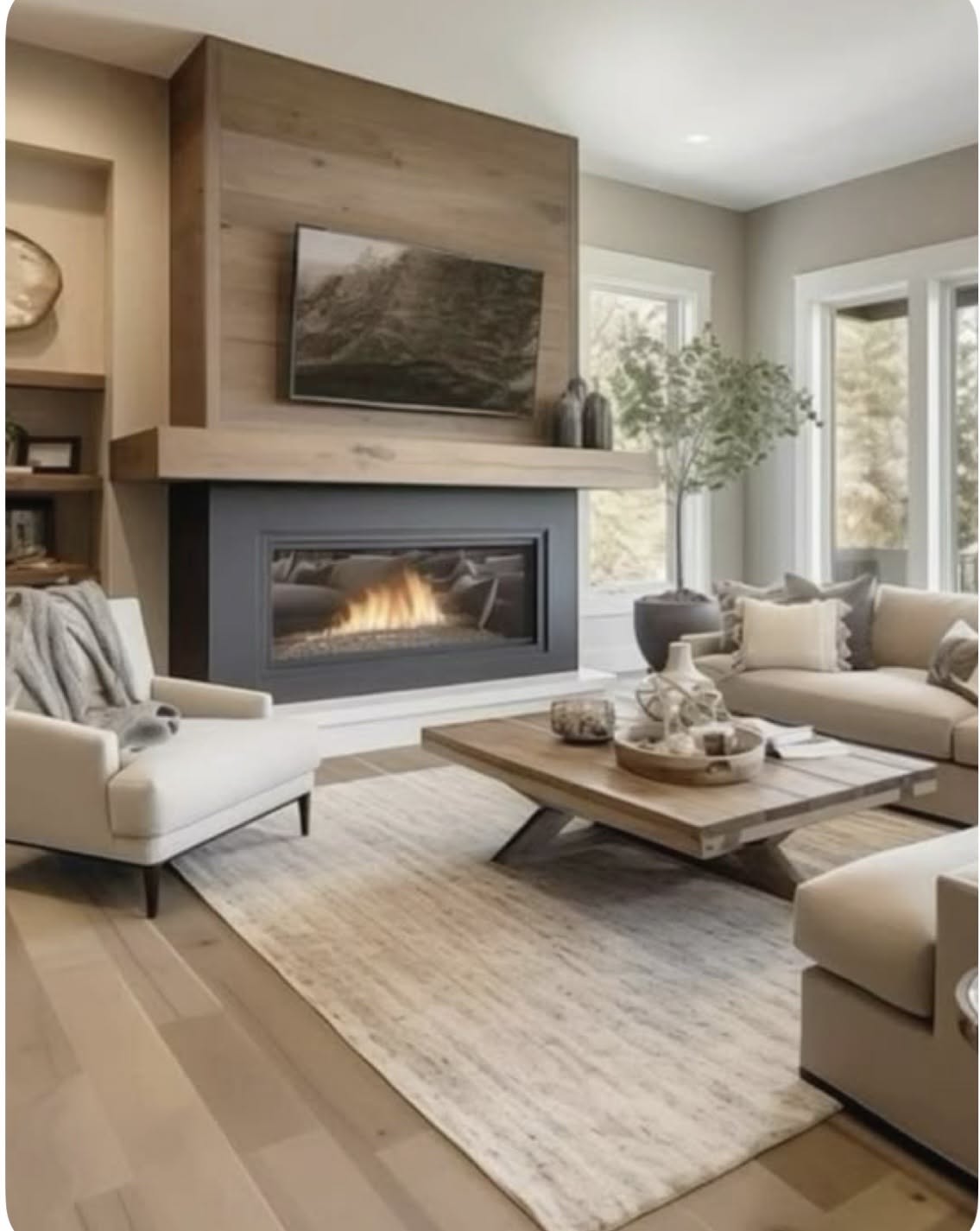 Contemporary Living Room with Wood-Clad Fireplace and Neutral Decor