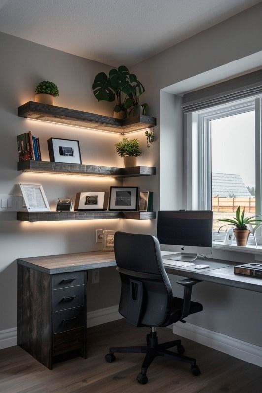 Modern home office with floating shelves and large window
