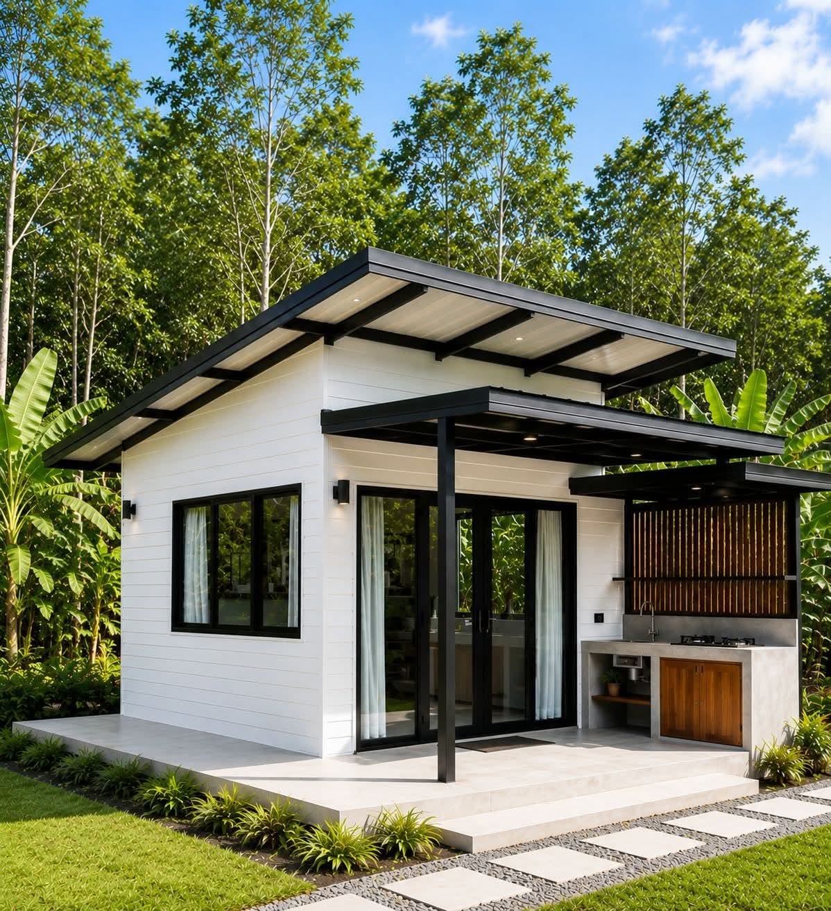 Modern Small Home Featuring Outdoor Kitchen in Lush Garden