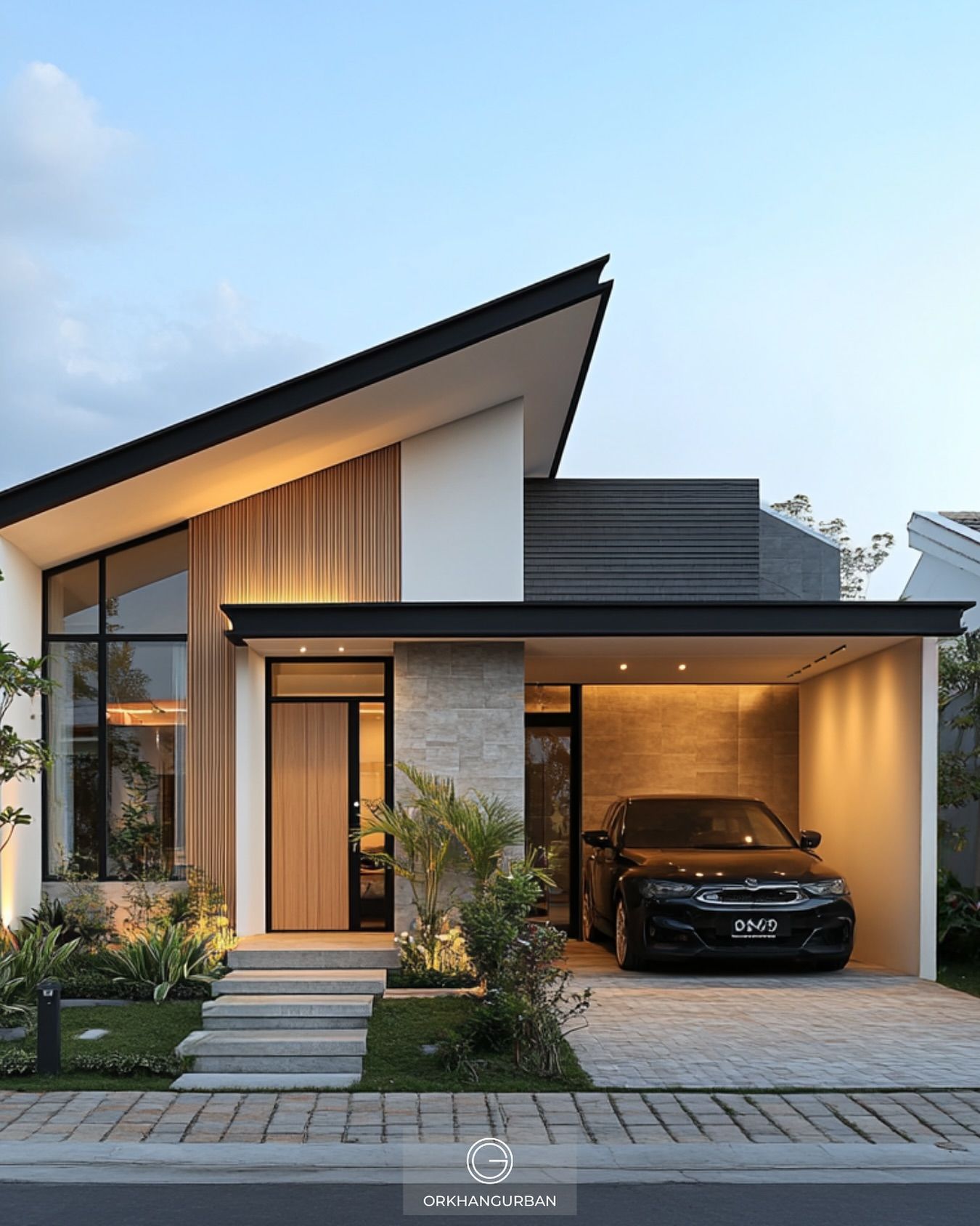 Modern House Exterior with Sloped Roof and Integrated Carport