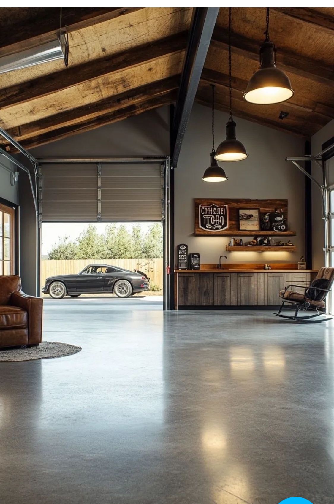 Modern Garage Interior With Polished Concrete Floor and Wood Accents