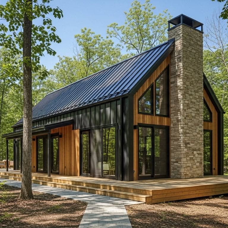 Modern Cabin with Metal Roof and Stone Chimney in Forest Setting