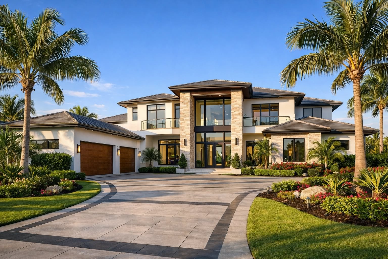 Contemporary Two-Story Home with Stone Accents and Palm Landscaping