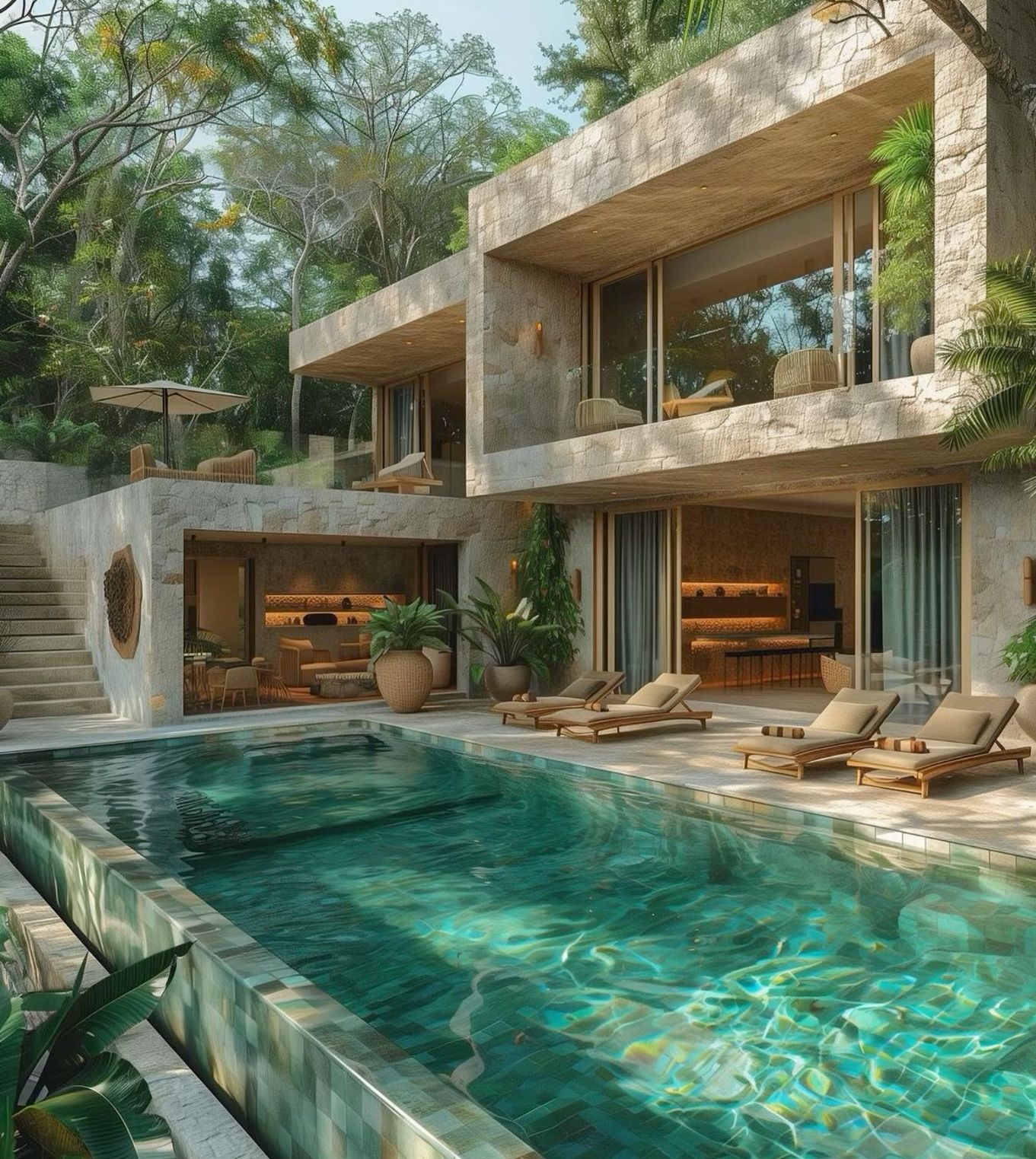 Modern Stone Villa with Lush Poolside Retreat and Forest Views