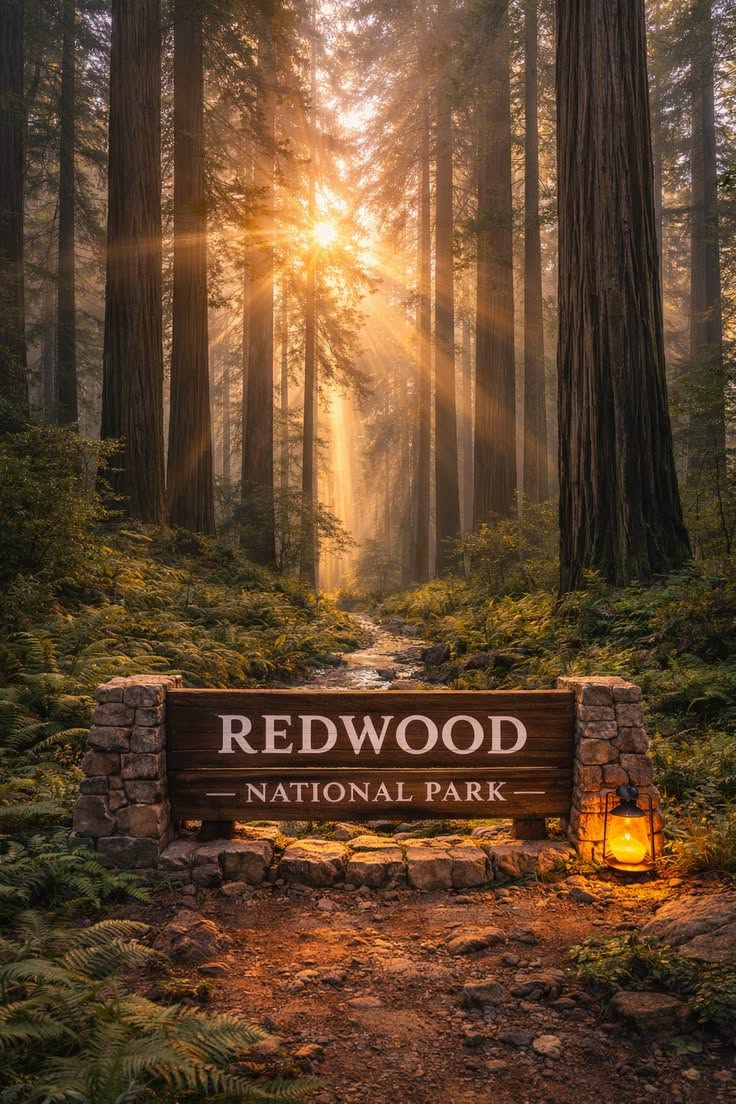 Redwood National Park Entrance Surrounded by Towering Trees at Sunrise