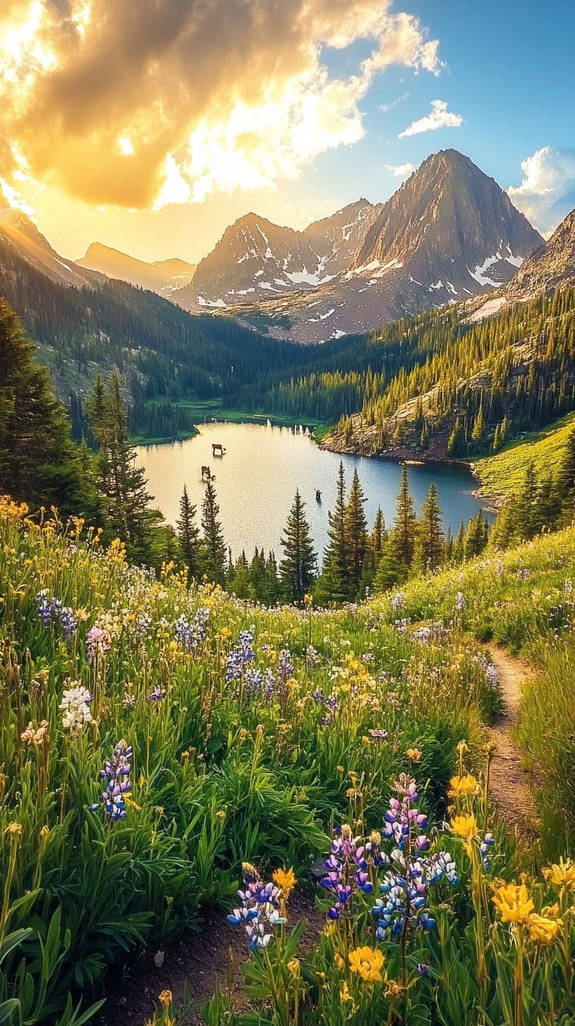 Alpine Wildflower Meadow Overlooking Mountain Lake at Sunset