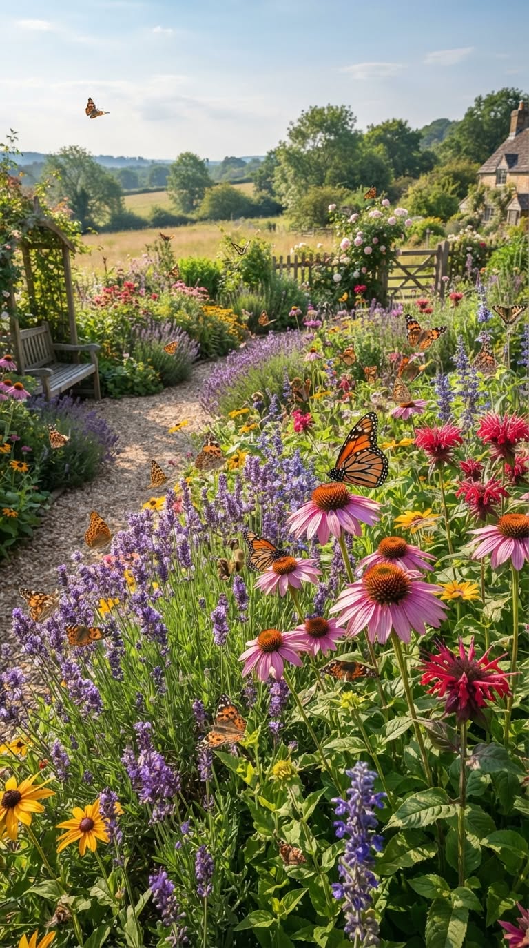 Cottage-Style Pollinator Garden with Wildflowers and Butterflies