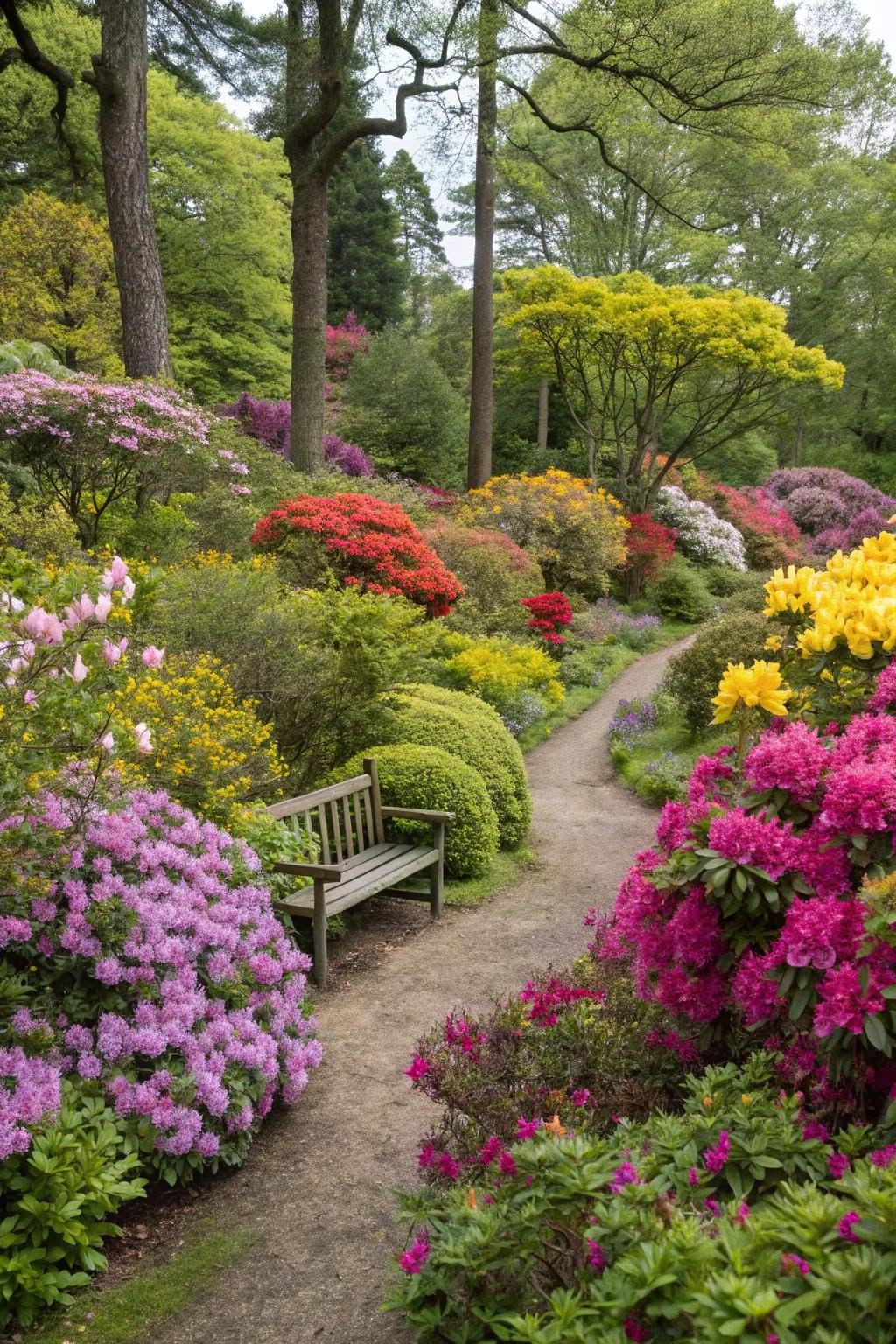 Colorful Flower Garden Path with Wooden Bench and Lush Shrubs