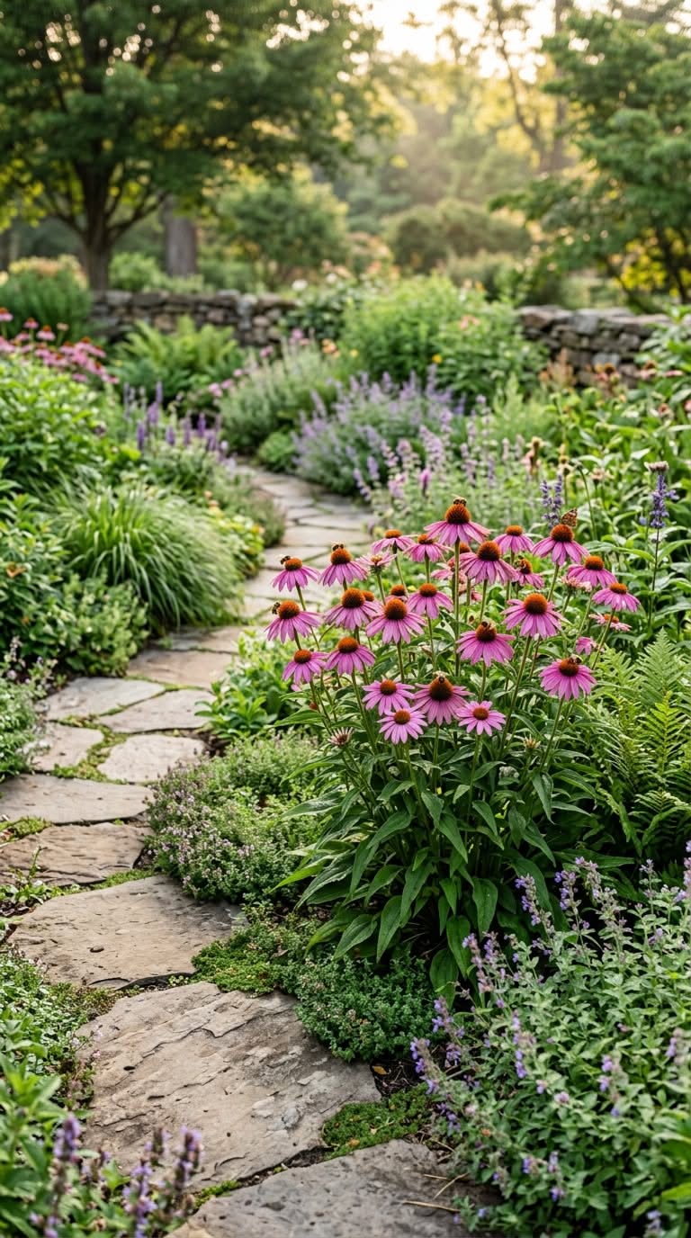 Natural Stone Garden Pathway with Coneflowers and Lush Perennials