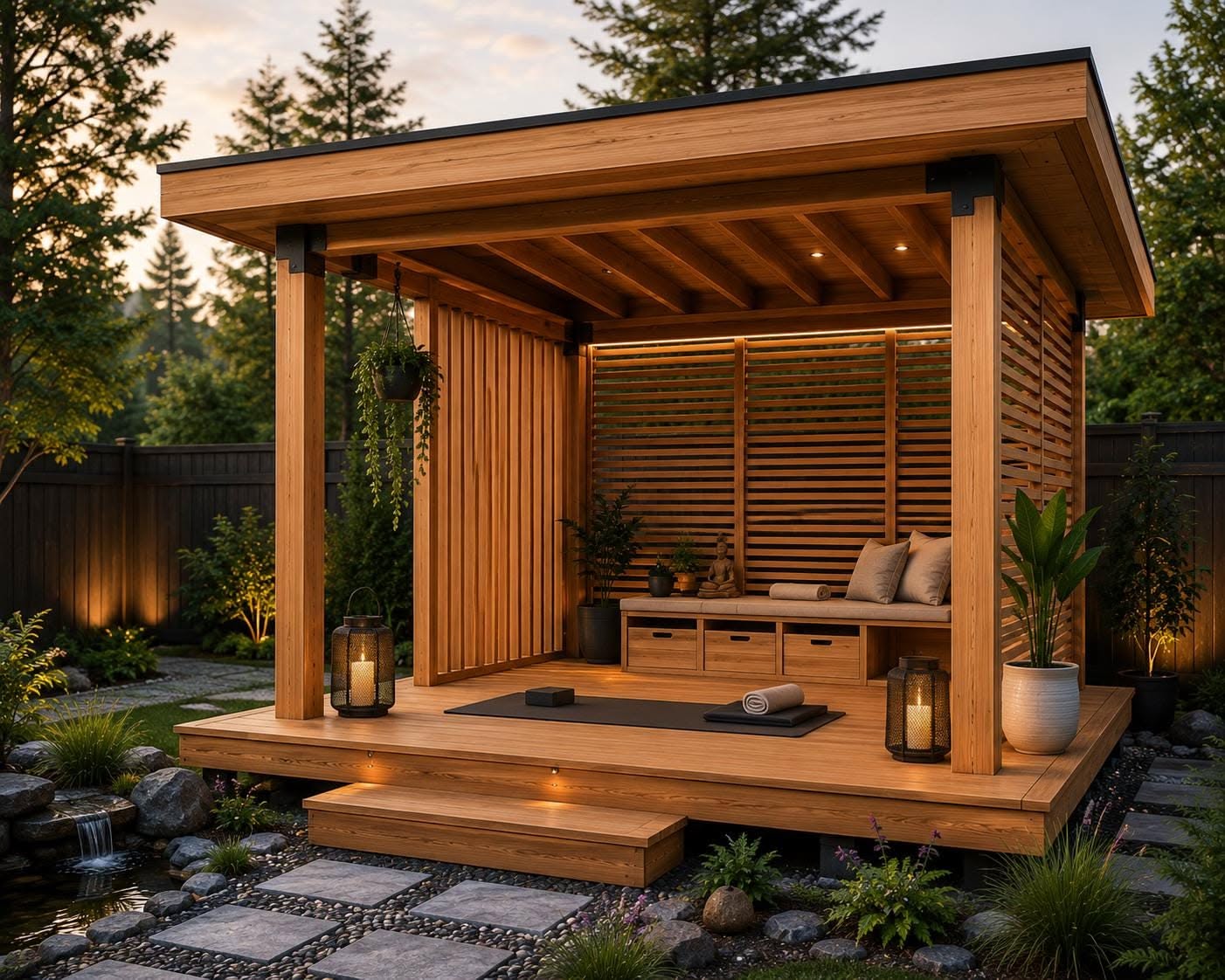 Modern Backyard Pavilion with Wood Slat Walls and Ambient Lighting