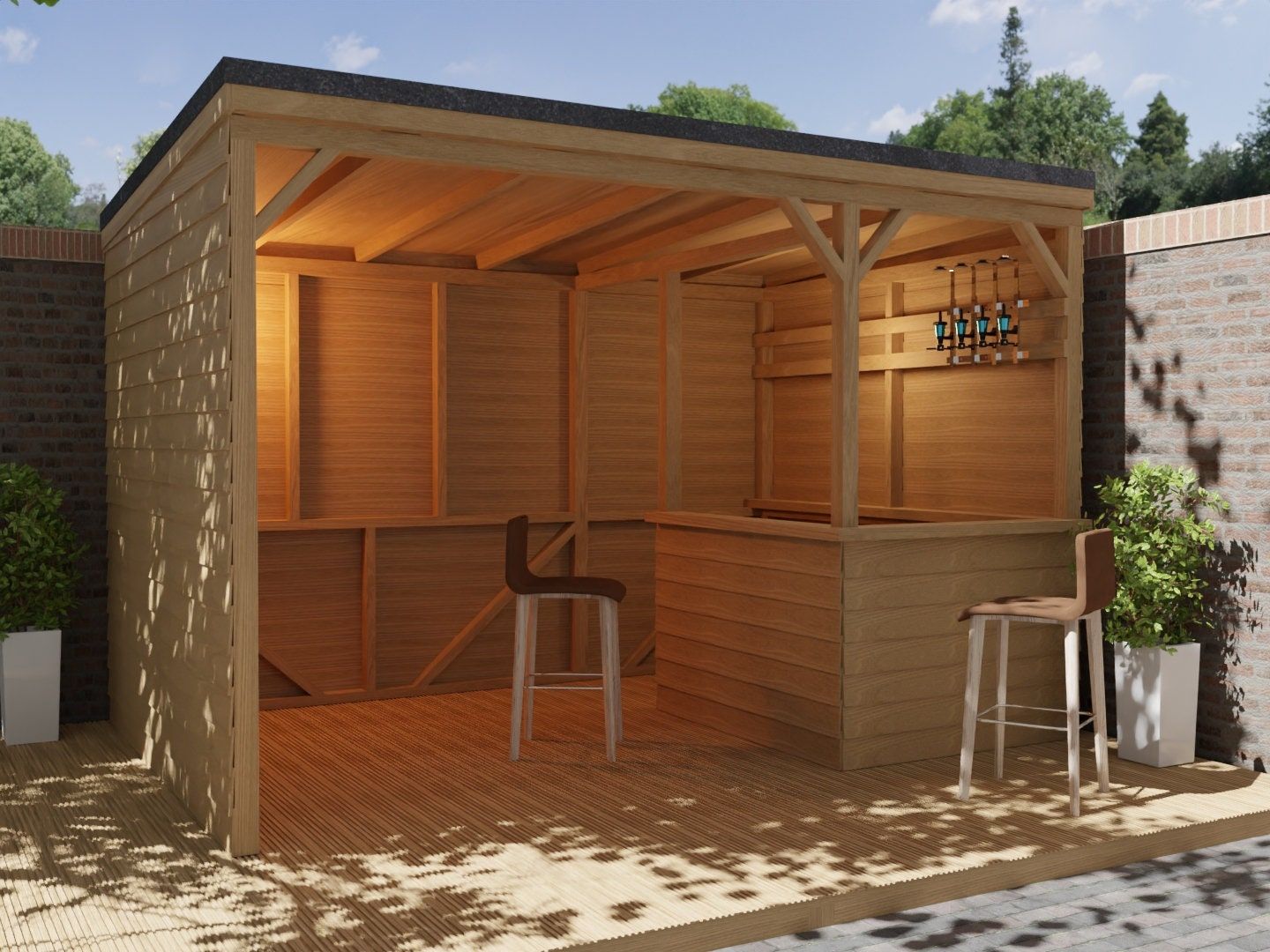Contemporary Backyard Wooden Bar Shed with Open Seating Area