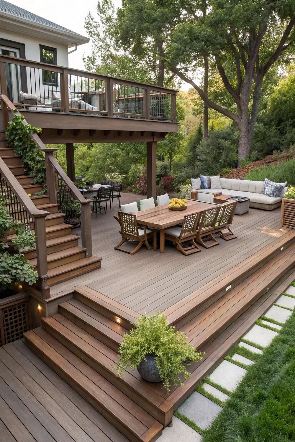 Multi-Level Wood Deck with Outdoor Dining and Lounge Area in Lush Backyard