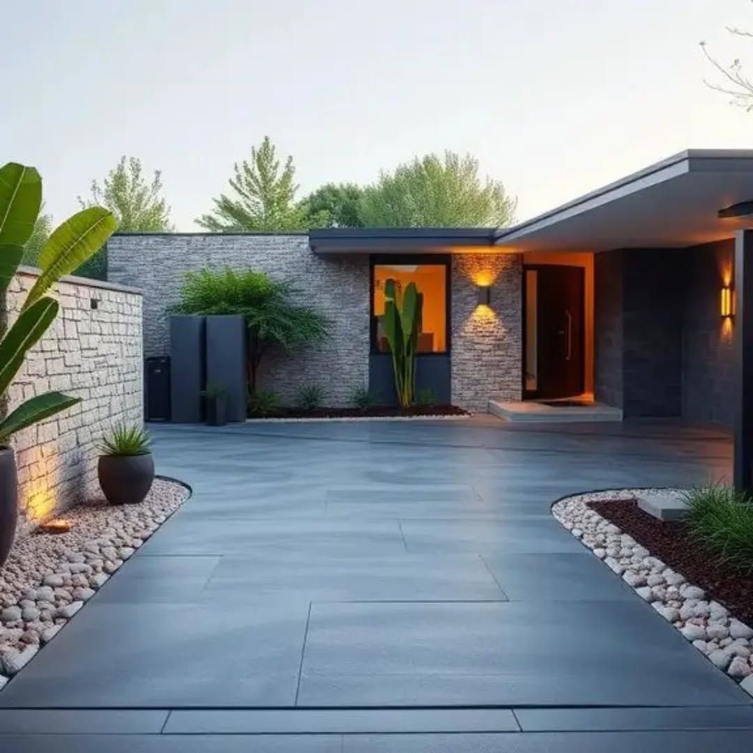 Modern Home Exterior with Sleek Concrete Driveway and Stone Accents
