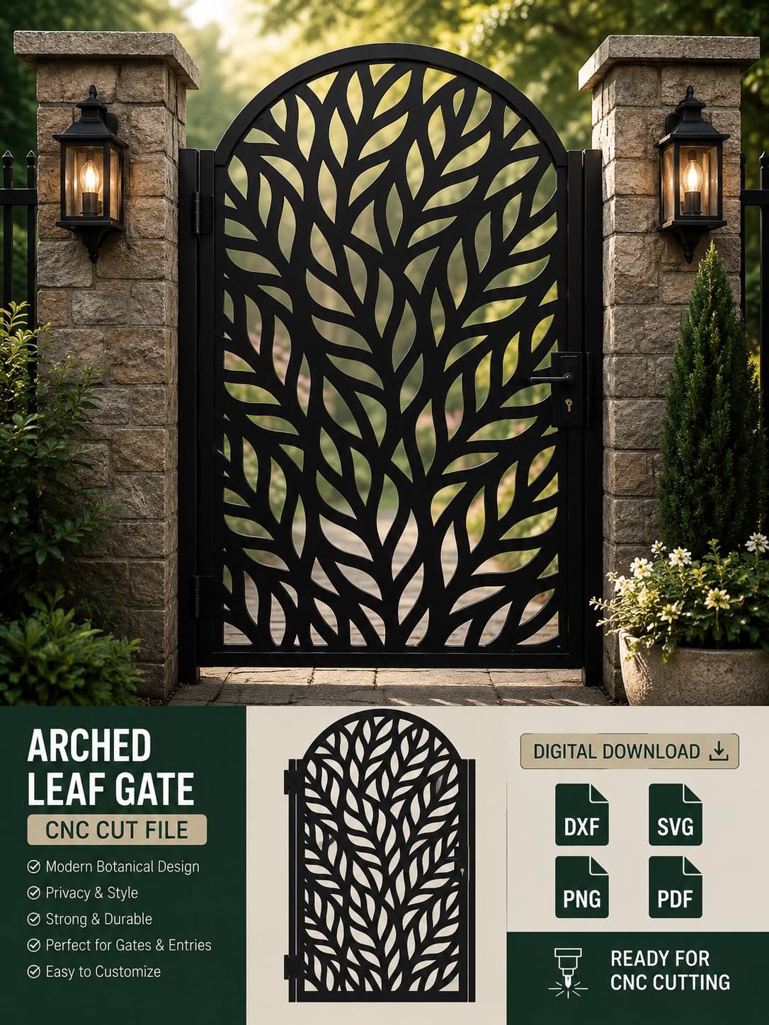 Arched Leaf Pattern Metal Gate with Stone Pillars and Lantern Lighting