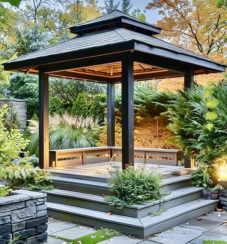 Modern Open-Air Gazebo with Tiered Steps in Lush Backyard Setting