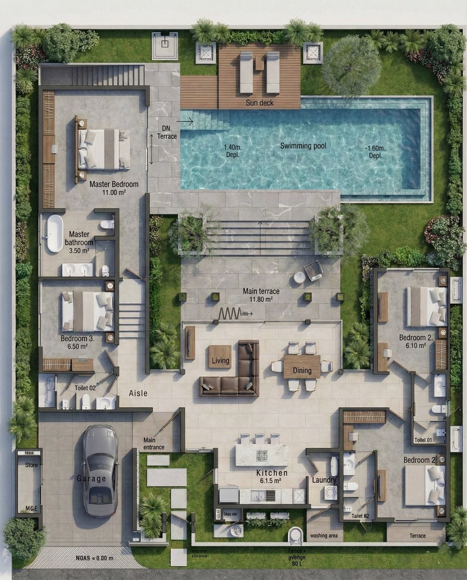 Modern Home Floor Plan with Pool, Sun Deck, and Open Living Spaces