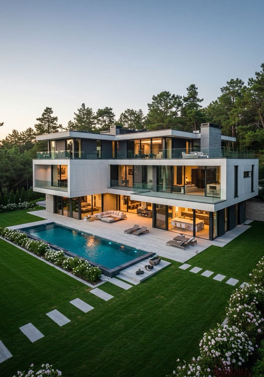 Modern Two-Story Home with Pool and Expansive Glass Facade in Forest Setting