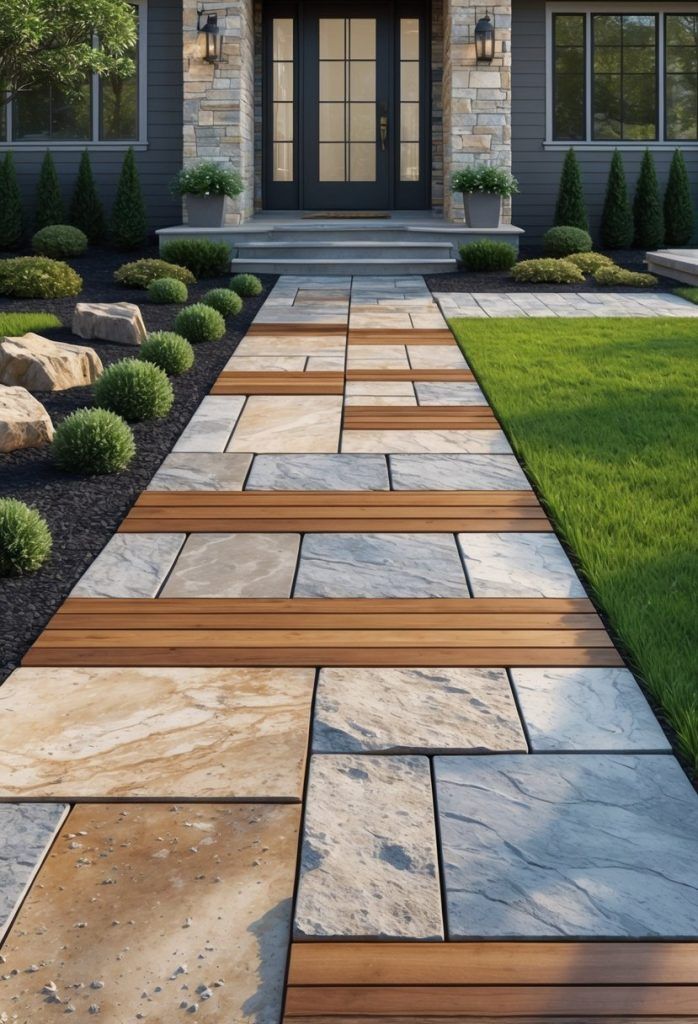 Modern Stone and Wood Walkway Leading to Contemporary Front Entry
