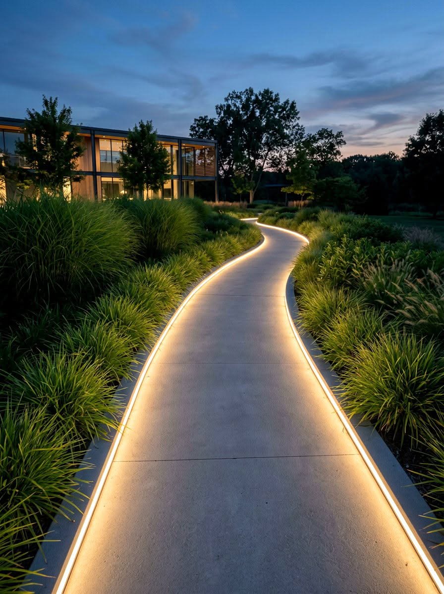 Curved Concrete Walkway with Integrated LED Lighting in Modern Landscape