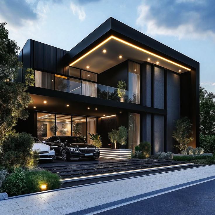 Contemporary Two-Story Home with Dramatic Black Facade and LED Lighting
