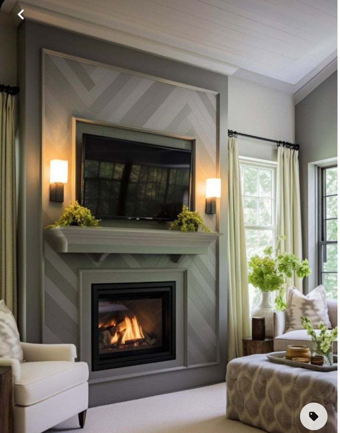 Contemporary Living Room with Chevron Fireplace and Neutral Accents