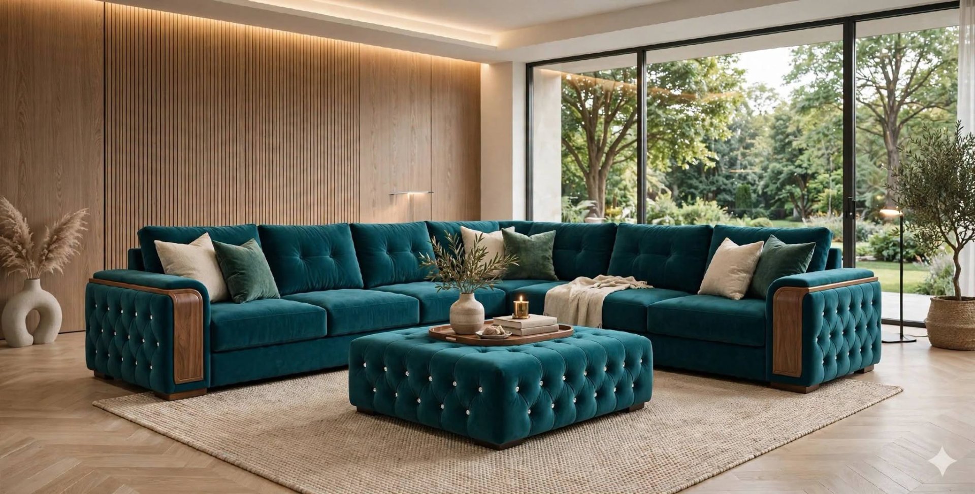 Modern Living Room with Teal Velvet Sectional and Wood Accent Wall