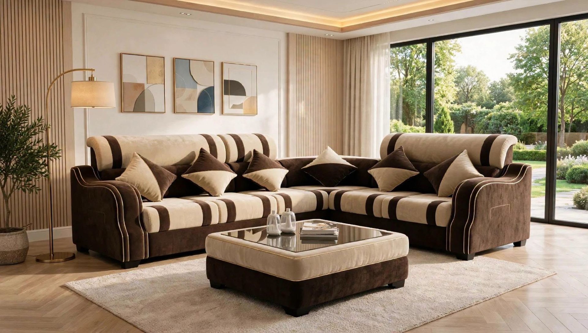 Contemporary Living Room With Brown and Beige Sectional Sofa and Garden View