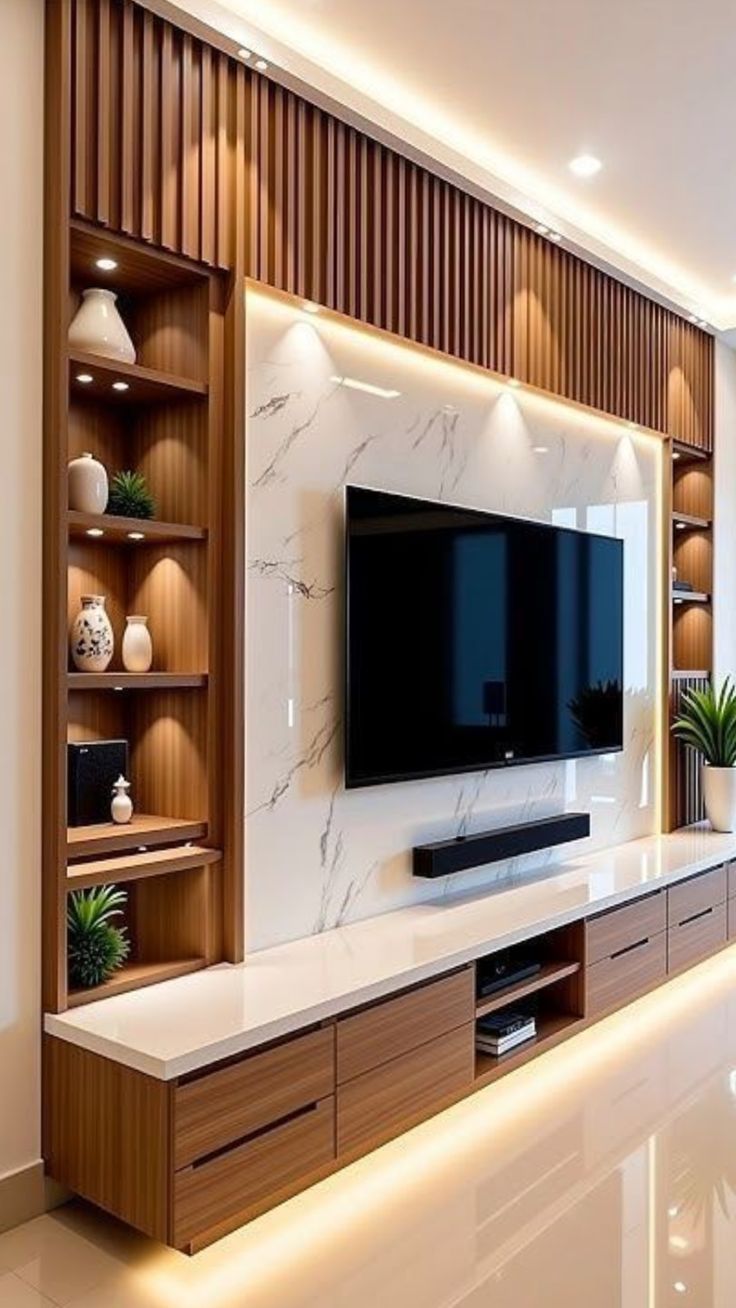 Modern Living Room TV Wall with Wood Slats and Marble Paneling
