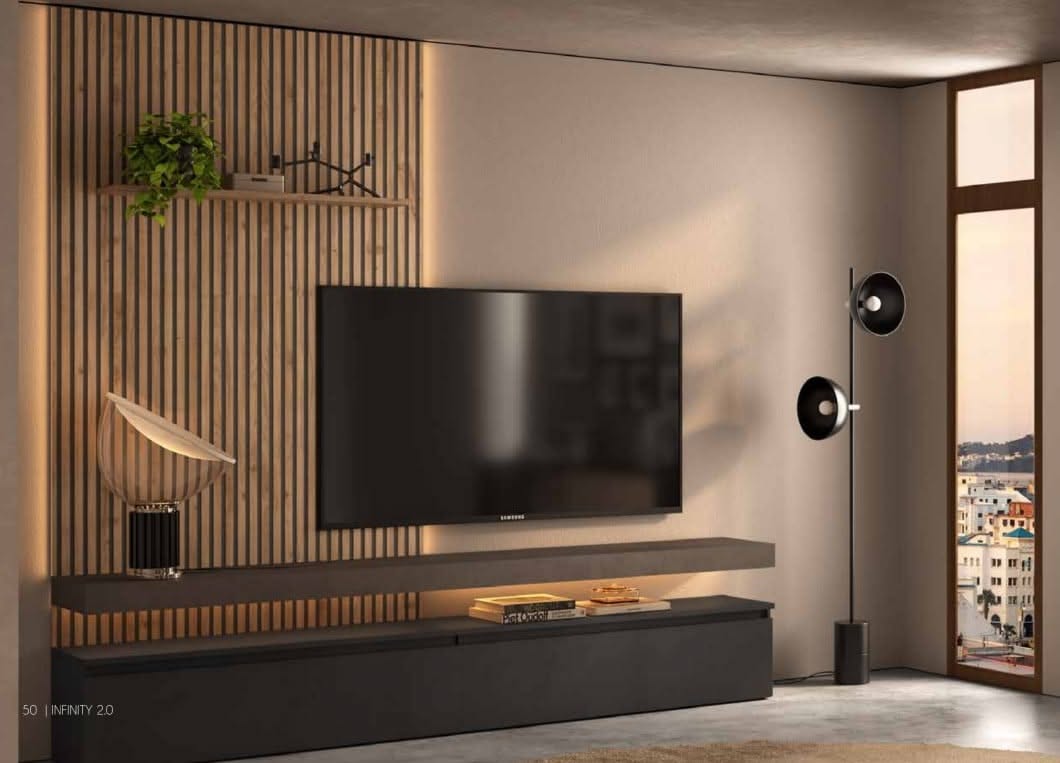 Modern Living Room TV Wall with Wood Slats and Floating Console
